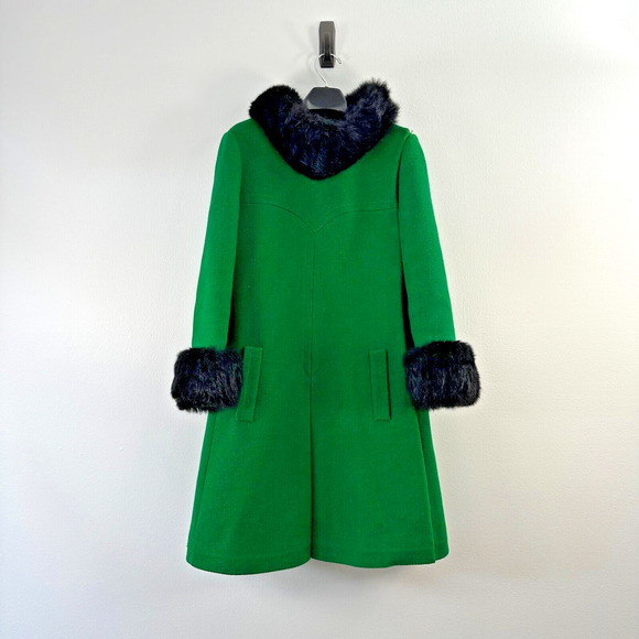Black Fur Collar Cuff Green Modern Deb Coat 1960s Womans Small - Picture 1 of 16